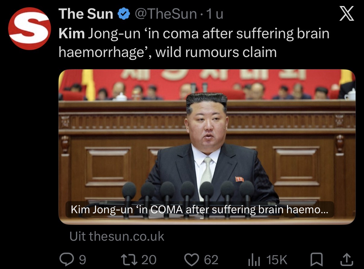 Community-provided screenshot of a post quoting a Sun headline about an unverified coma rumor